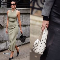 best studded bags shown in a collage of street style images of women wearing embellished purses