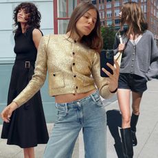 fashion collage of three editorial shots from Zara including a black belted dress, metallic gold cardigan jacket with jeans, and gray wool cardigan with shorts