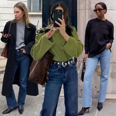 fashion collage featuring three style influencers including Clara Dyrhauge, Jessica Skye, and Sylvie Mus wearing chic fall outfits with crewneck sweater and jeans