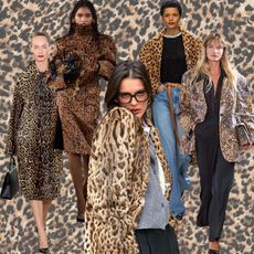 the leopard print coat trend is shown in a collage of runway and street style images of women wearing some of the best animal print jackets